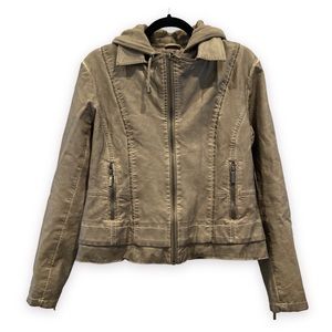 COLLECTION B Vegan Leather Moto Jacket Distressed Hooded Large